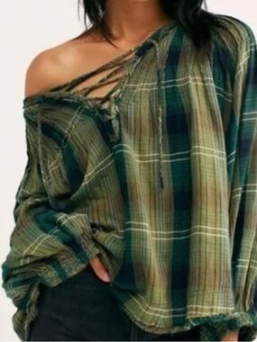 Free People We The Free Plaid Boho Peasant Top Green Oversized Size Small